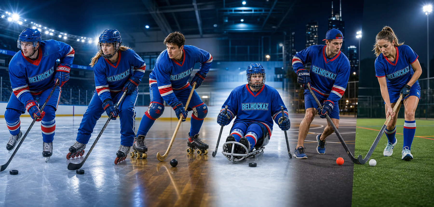 Six athlètes représentant le hockey sur glace, le roller hockey, le rink hockey, le para-hockey, le street hockey et le hockey sur gazon