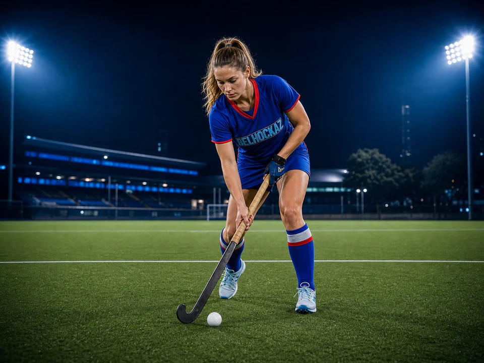 Joueuse de hockey sur gazon aux couleurs BELHOCKAZ