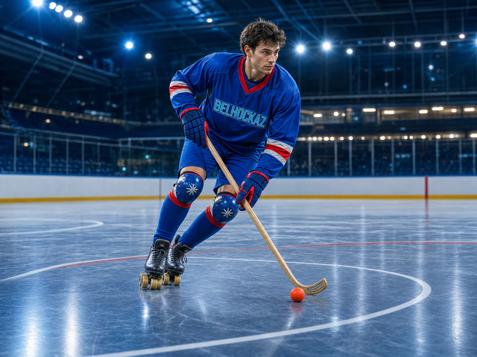 Joueur de rink hockey sur patins quad aux couleurs BELHOCKAZ