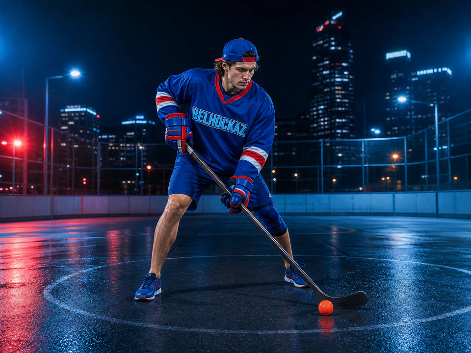 Joueur de street hockey aux couleurs BELHOCKAZ
