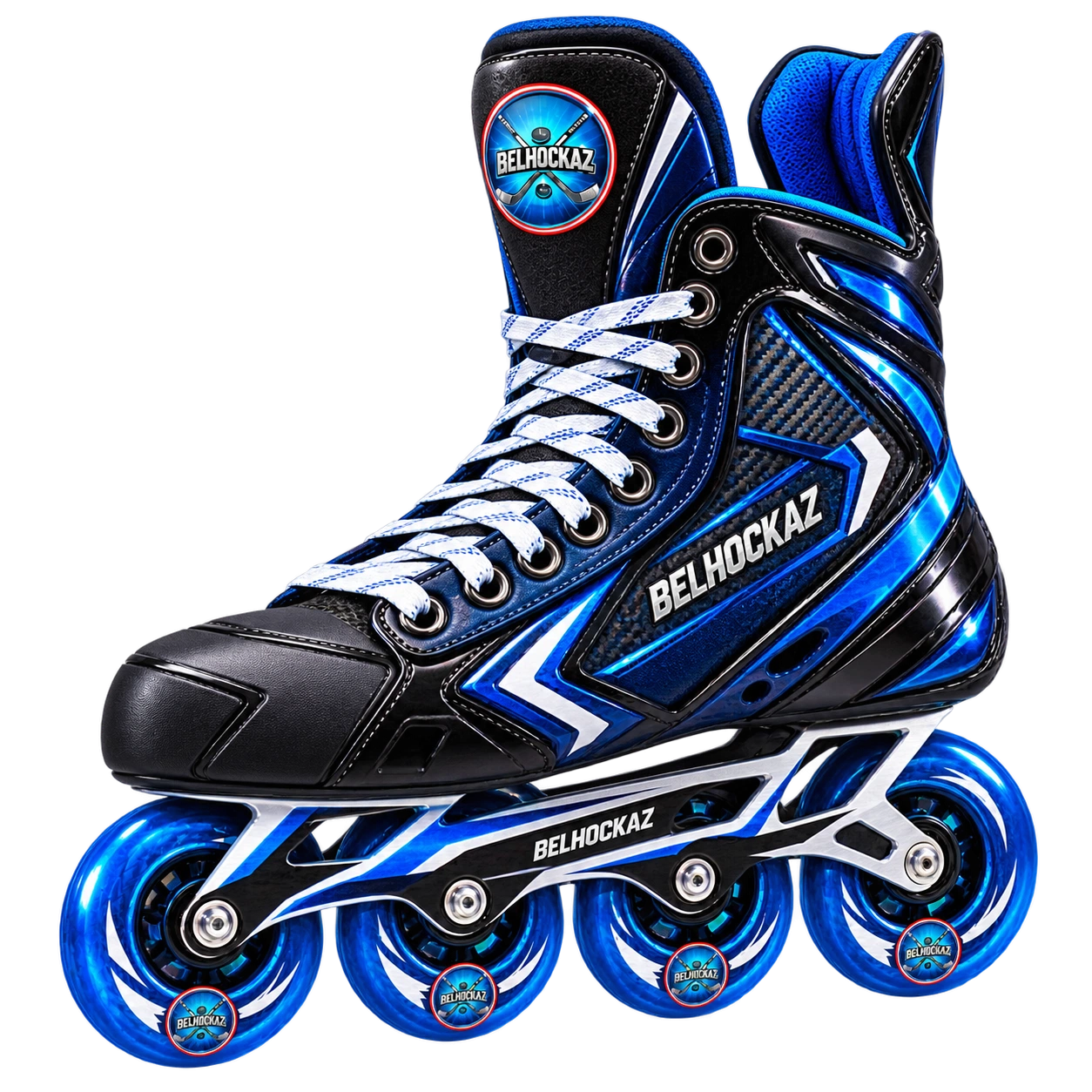 Roller de hockey inline vu de trois quarts, orienté vers la gauche