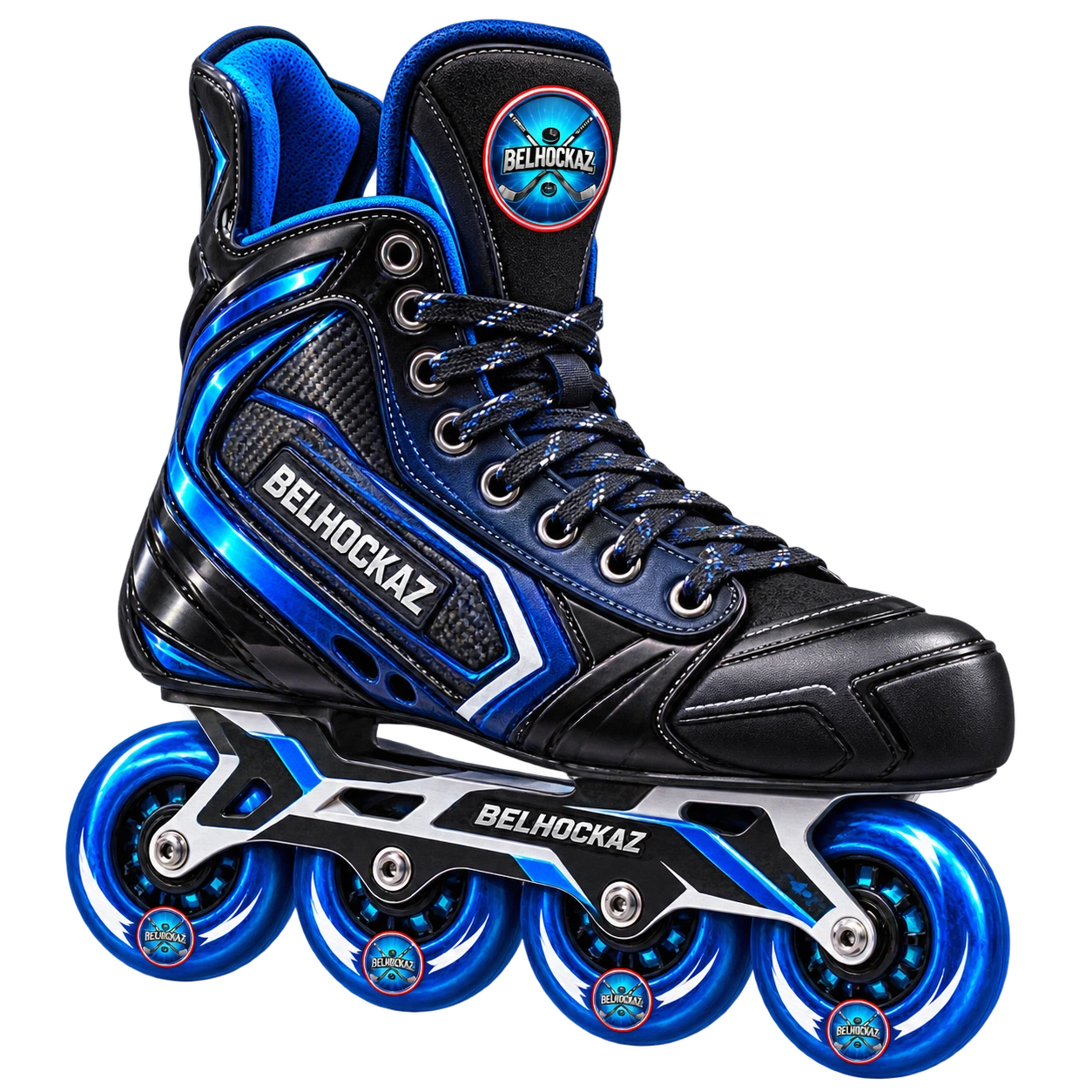 Roller de hockey inline vu de trois quarts, orienté vers la droite